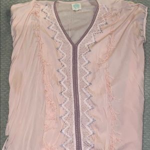 Beach coverup light pink fringe caftan tunic pink
